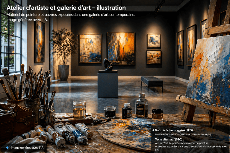 Atelier d’artiste peintre avec matériel de peinture et œuvres exposées dans une galerie d’art contemporaine – image générée avec l’IA
