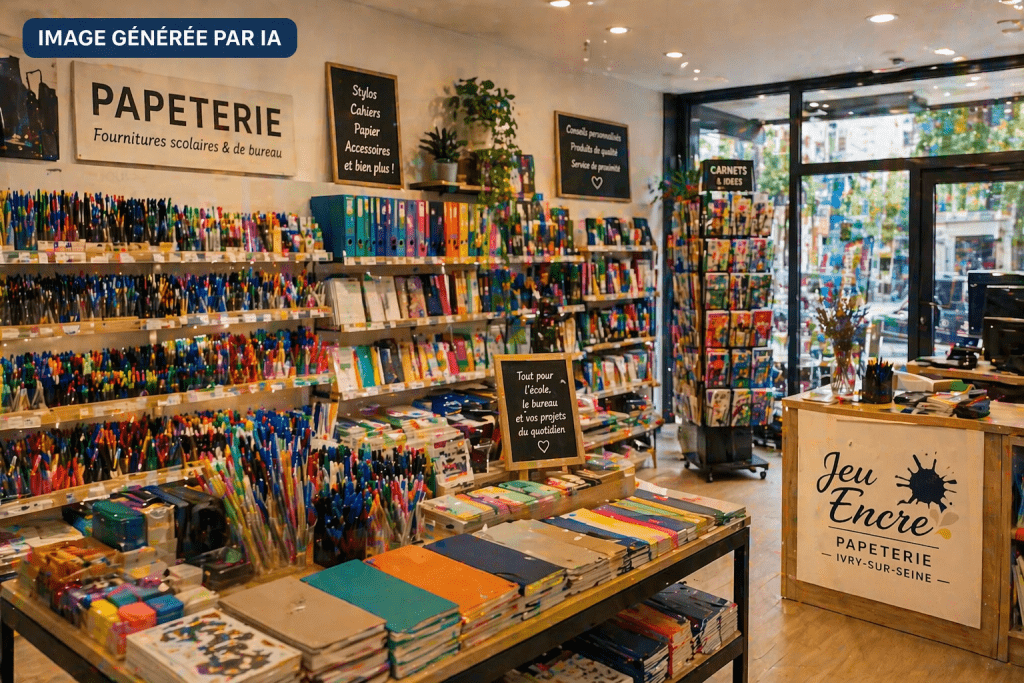 Intérieur d’une papeterie à Ivry-sur-Seine avec stylos, cahiers et fournitures scolaires – image générée par IA