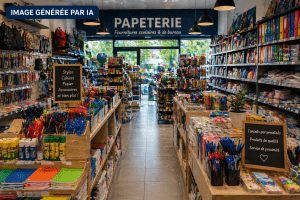 Intérieur d’une papeterie à Ivry-sur-Seine avec fournitures scolaires et matériel de bureau – image générée par IA