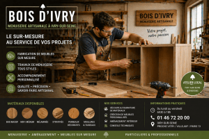 Menuisier en train de fabriquer un meuble sur mesure dans un atelier à Ivry-sur-Seine – image générée par IA