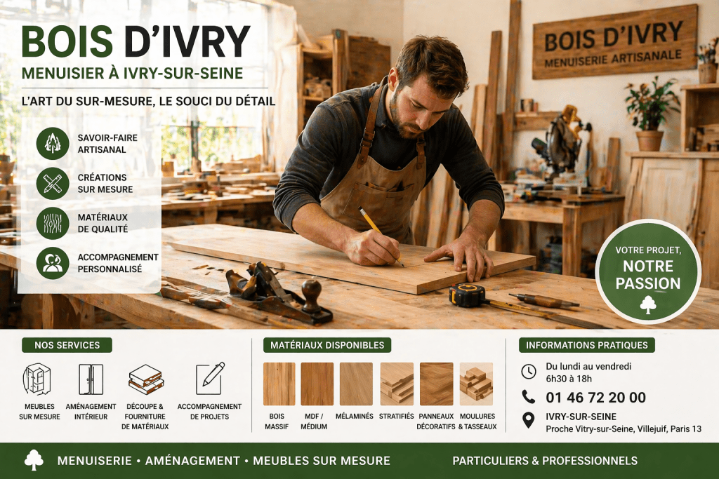 Menuisier traçant un meuble en bois sur mesure dans un atelier à Ivry-sur-Seine – image générée par IA