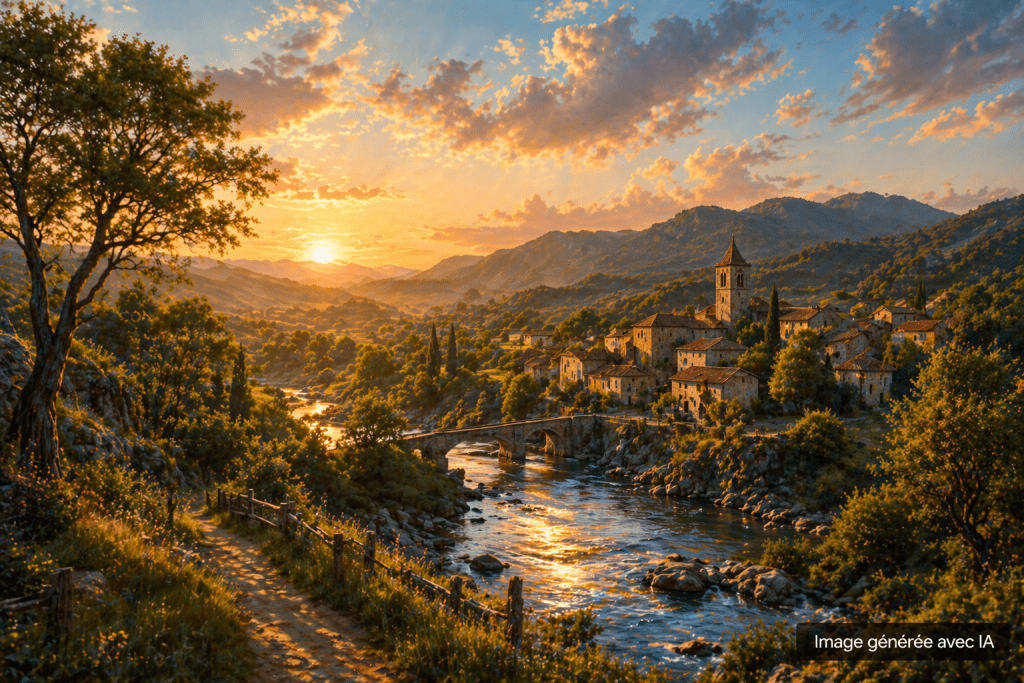 Paysage naturel avec village, rivière et coucher de soleil dans un environnement rural – image générée avec l’IA
