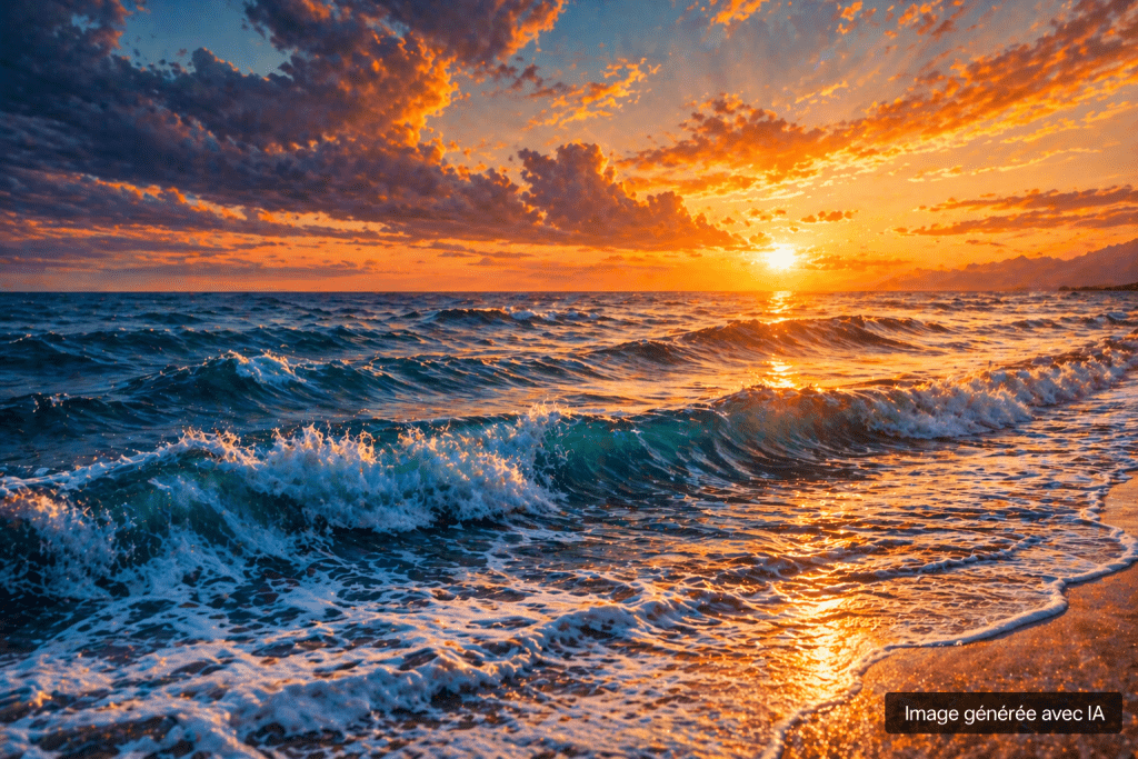 Paysage d’océan avec vagues et coucher de soleil sur l’horizon – image générée avec l’IA