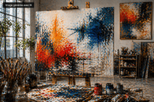 Peinture contemporaine abstraite avec expression artistique et couleurs dynamiques en atelier – image générée avec l’IA