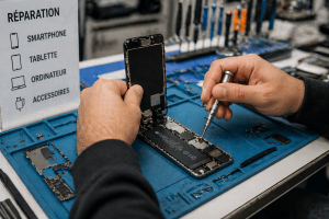 Réparation de smartphone en atelier par un technicien à Ivry-sur-Seine