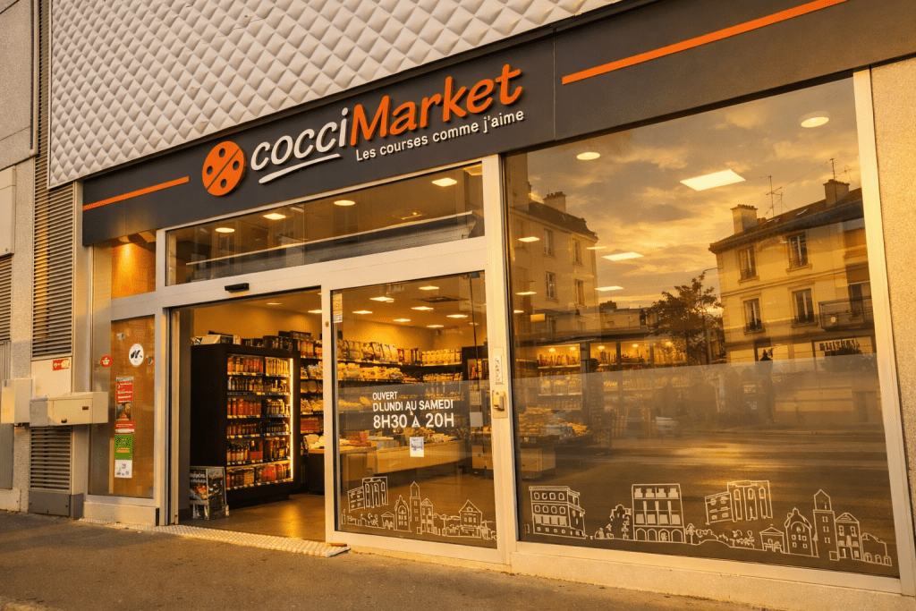 Façade du magasin CocciMarket Ivry‑sur‑Seine vue de gauche à droite, éclairée par la lumière dorée de fin d’après‑midi.