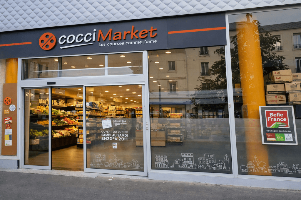 Façade ouverte du magasin CocciMarket Ivry‑sur‑Seine, épicerie de quartier proposant produits frais et locaux