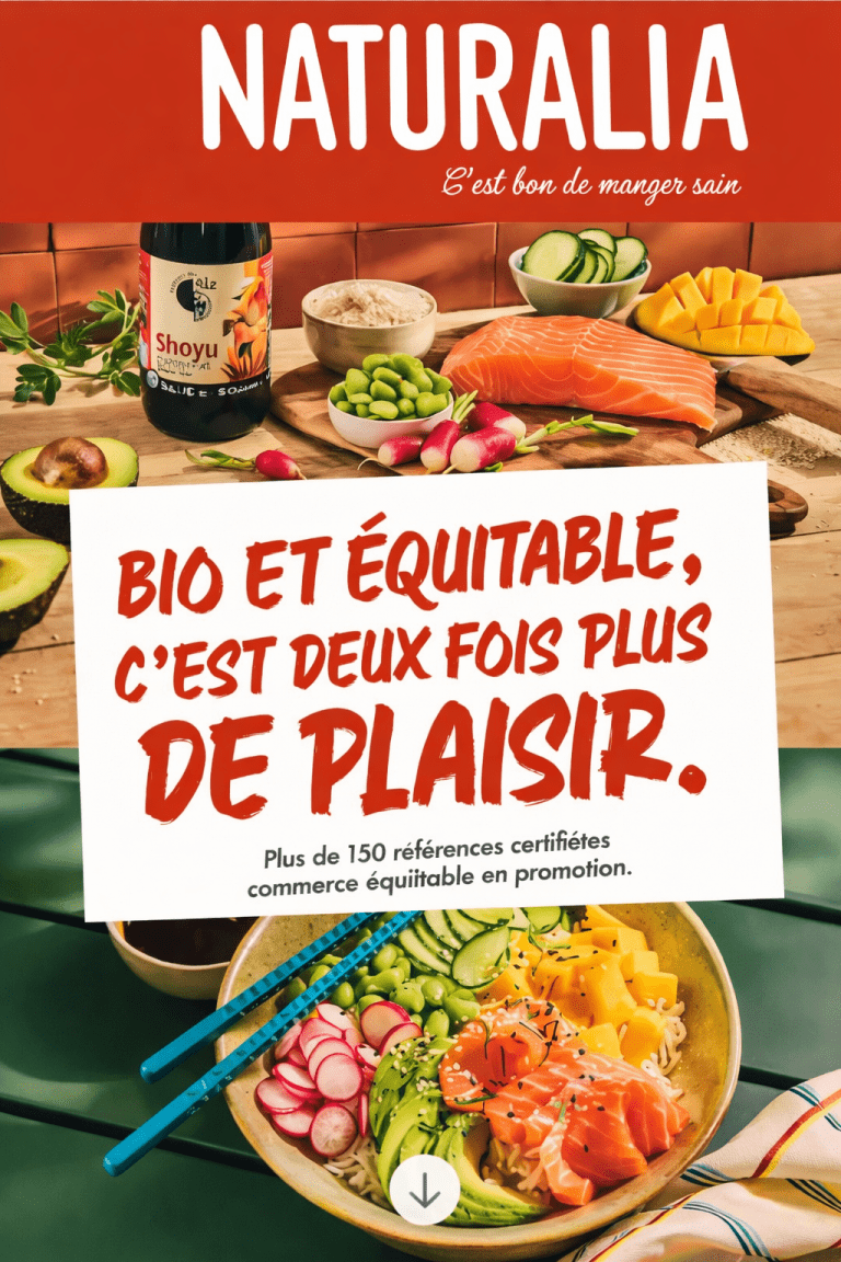 Visuel Naturalia sur fond rouge, propre et épuré, représentant l’univers bio et naturel de l’enseigne.