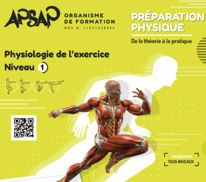 Affiche de formation APSAP Préparation Physique sur la physiologie de l’exercice niveau 1 avec illustration anatomique musculaire.