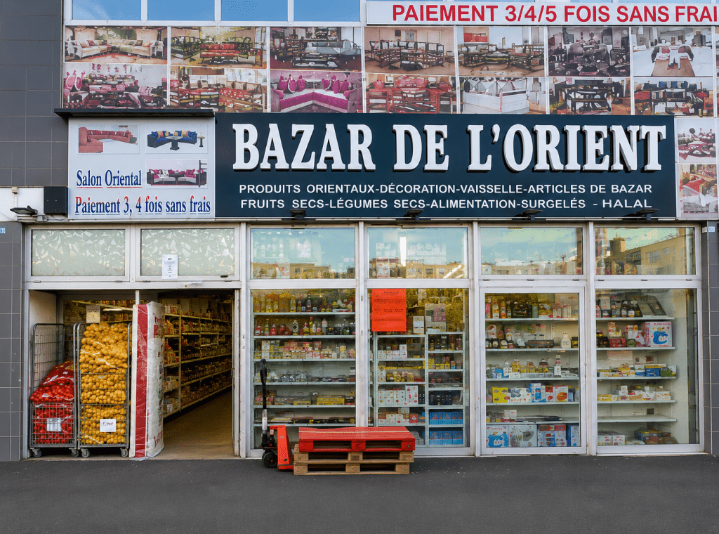 Vue de face du magasin Bazar de L’Orient à Vitry-sur-Seine avec produits du monde, alimentation orientale, produits halal et supérette de proximité.