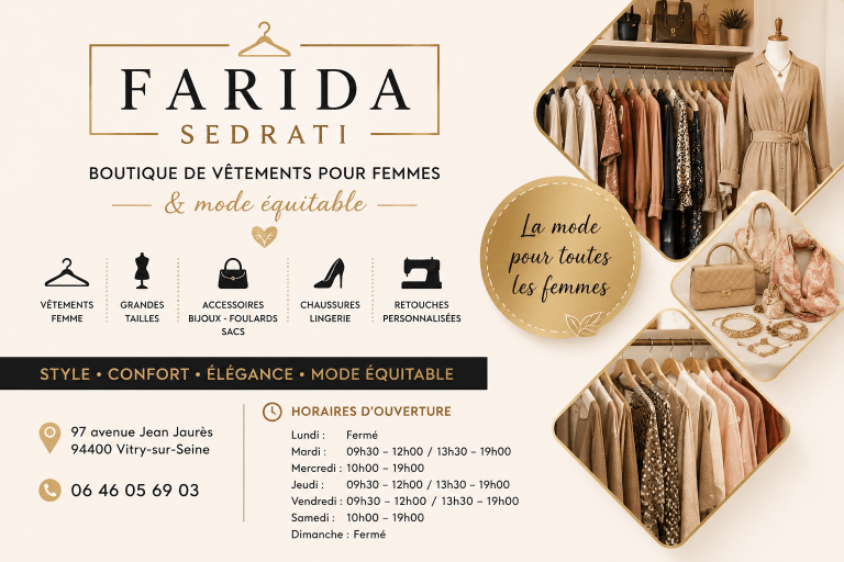 Carte promotionnelle de la boutique Farida Sedrati à Vitry-sur-Seine spécialisée dans les vêtements femme, accessoires et mode équitable