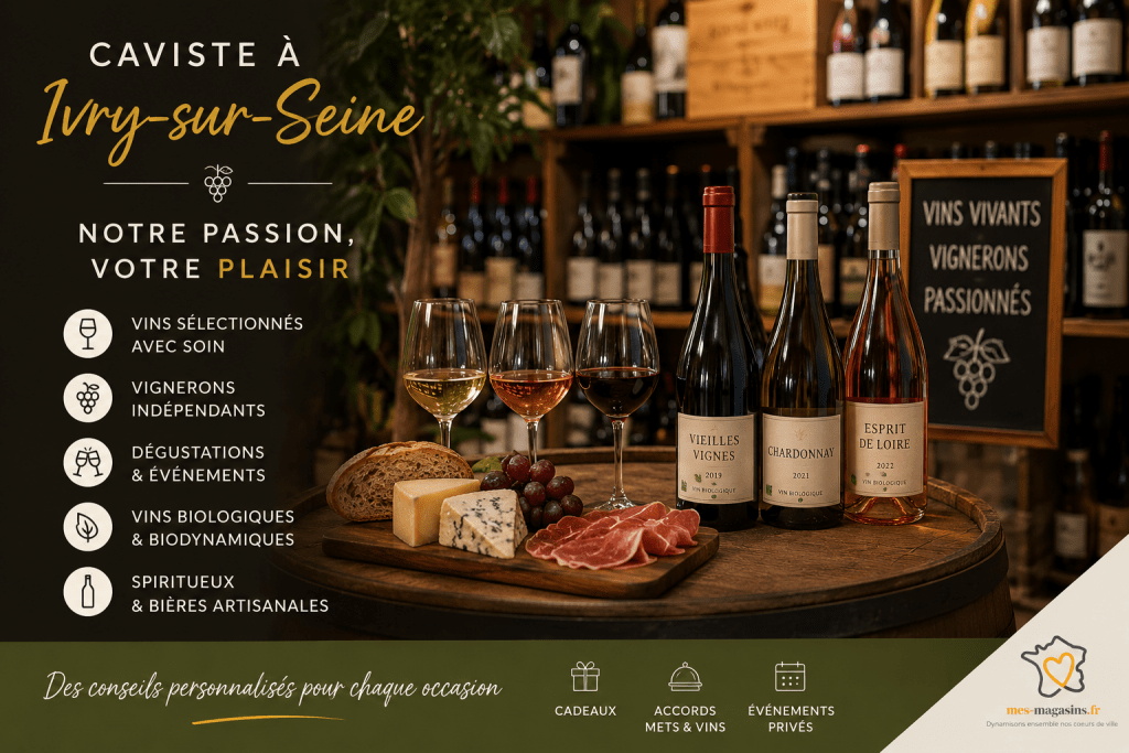 Visuel promotionnel d’un caviste à Ivry-sur-Seine avec vins bio, dégustation, accords mets-vins et sélection de vignerons indépendants.