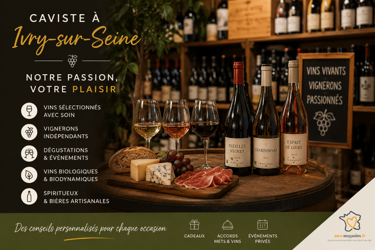 Visuel promotionnel d’un caviste à Ivry-sur-Seine avec vins bio, dégustation, accords mets-vins et sélection de vignerons indépendants.