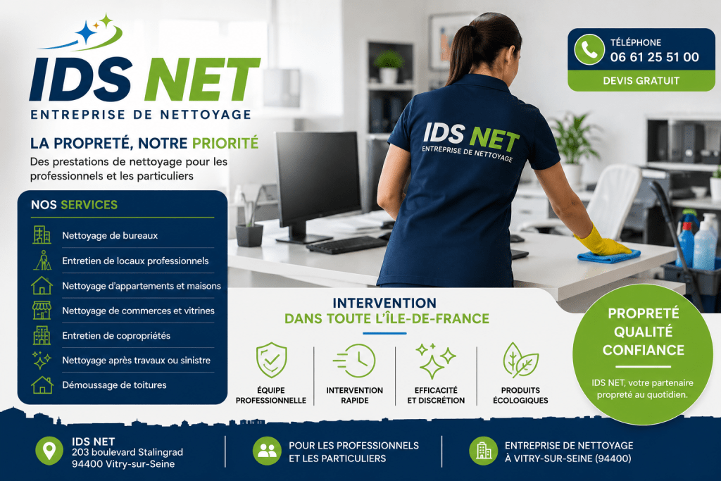 Agent d’entretien IDS Net nettoyant des bureaux modernes pour professionnels à Vitry-sur-Seine