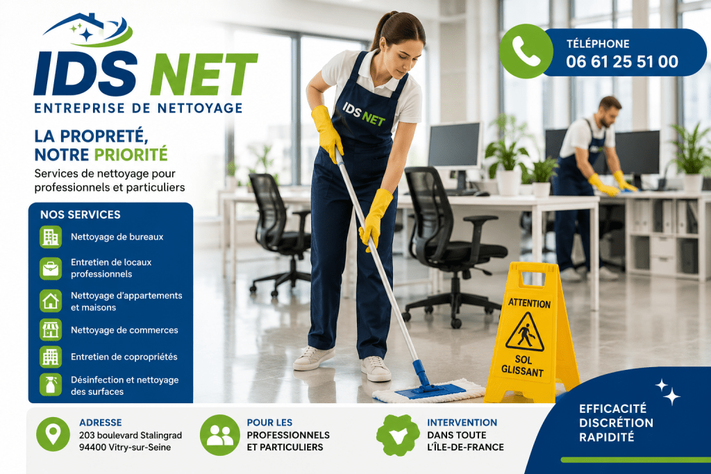 Agent d’entretien IDS Net réalisant le nettoyage de bureaux professionnels à Vitry-sur-Seine