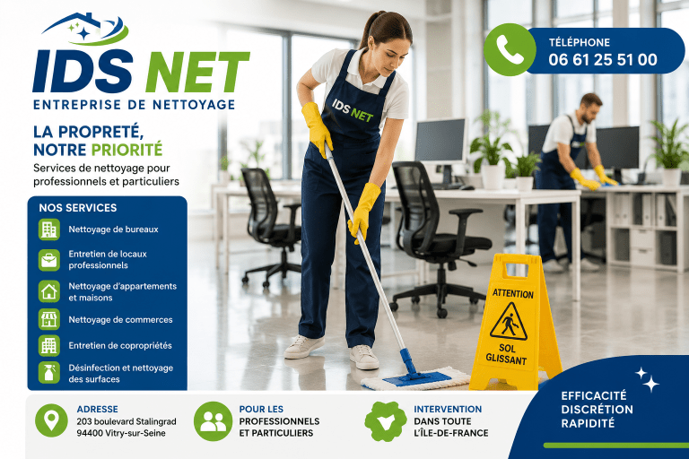 Agent d’entretien IDS Net réalisant le nettoyage de bureaux professionnels à Vitry-sur-Seine