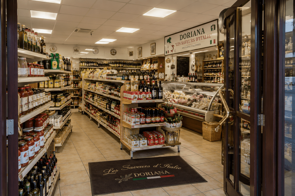 Vue intérieure de Doriana Les Saveurs d’Italie à Vitry-sur-Seine avec épicerie italienne, produits artisanaux, huiles d’olive, pâtes, charcuterie et spécialités italiennes.