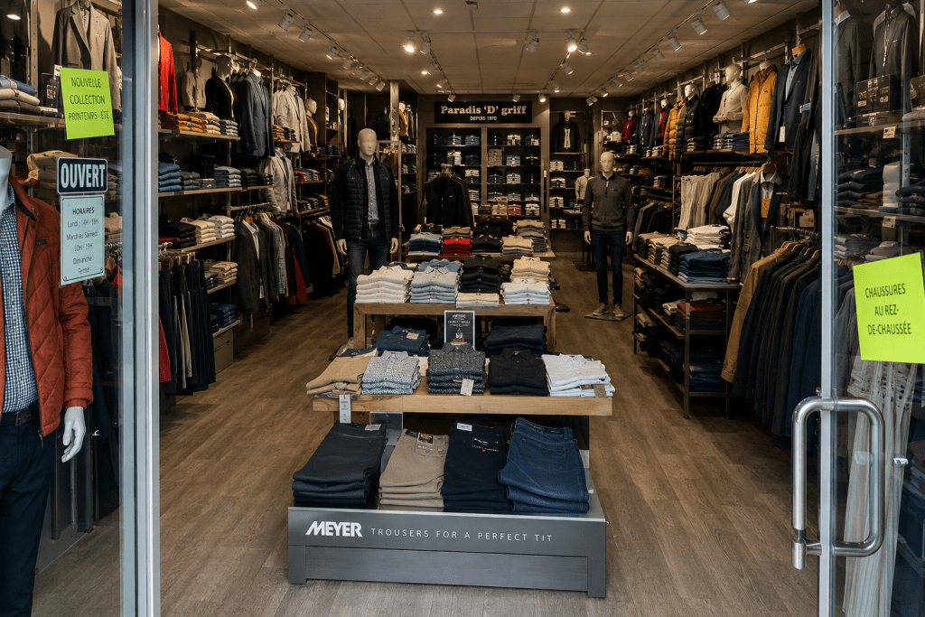 Vue intérieure du magasin Paradis D’ Griff à Ivry-sur-Seine avec rayons de vêtements homme, vestes, pantalons et prêt-à-porter