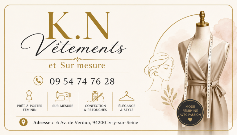 Carte de visite élégante de K.N Vêtements et Sur mesure à Ivry-sur-Seine spécialisée en prêt-à-porter féminin, confection et retouches sur mesure.