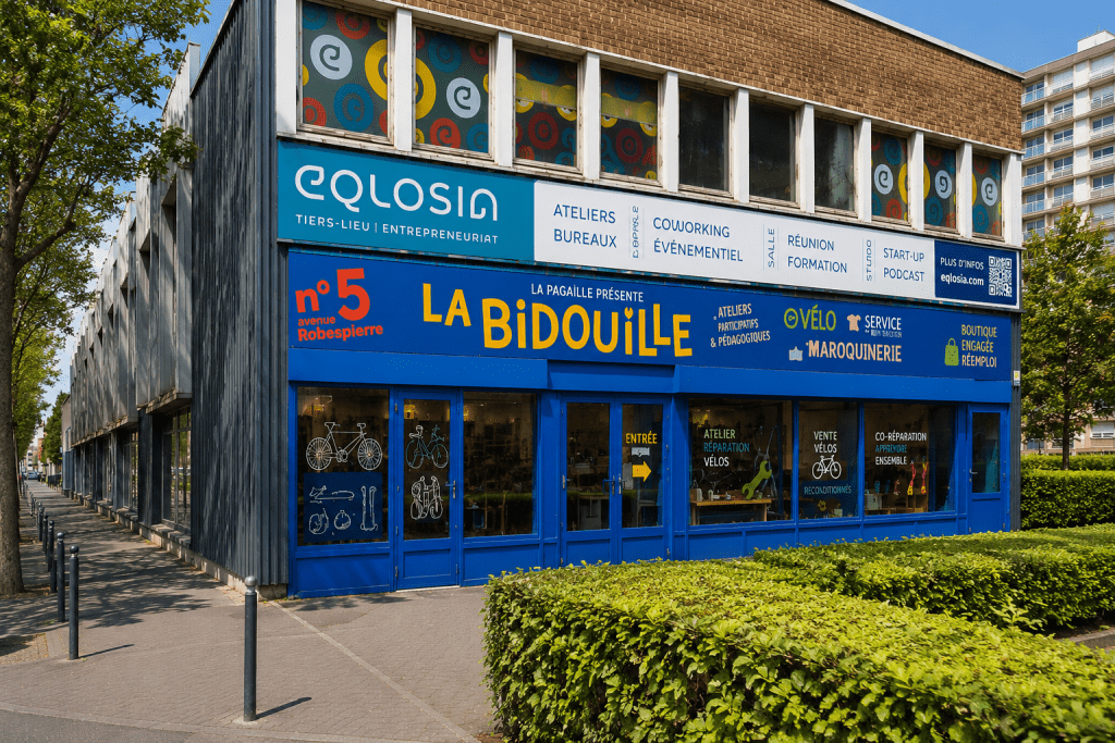 Vue de côté de La Bidouille à Vitry-sur-Seine, atelier vélo coopératif spécialisé dans la réparation et les vélos reconditionnés
