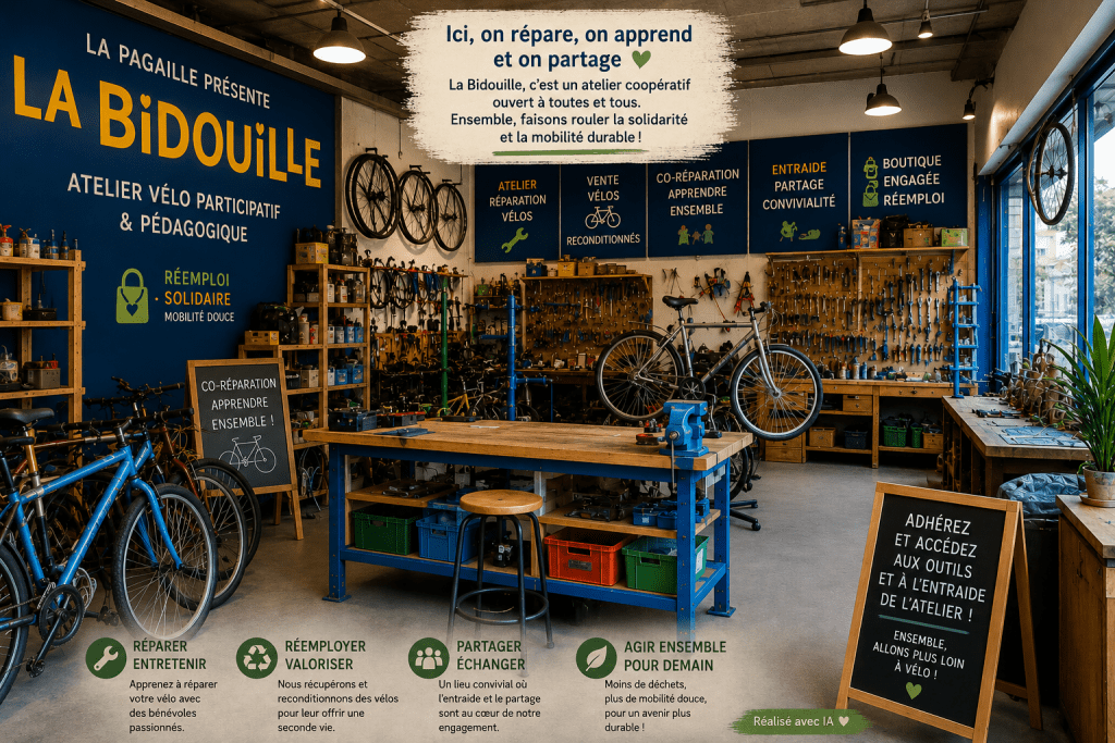 Vue intérieure de La Bidouille à Vitry-sur-Seine, atelier vélo participatif et espace de co-réparation de vélos