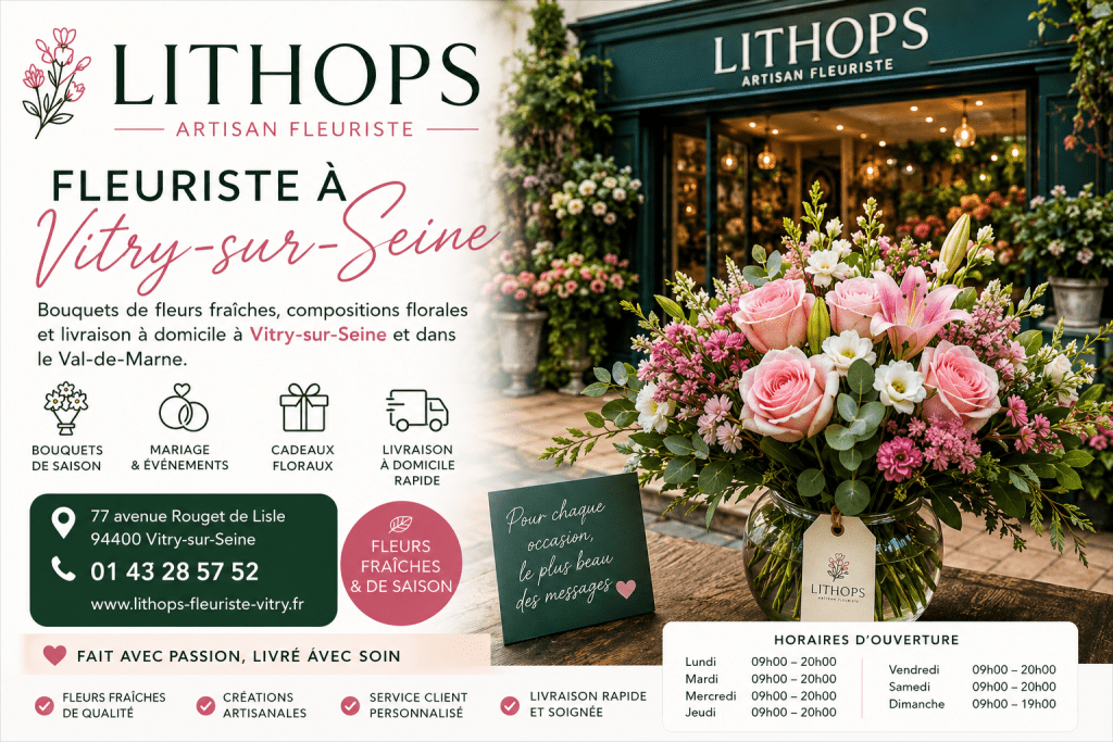 Bouquet de fleurs fraîches devant la boutique Lithops, artisan fleuriste à Vitry-sur-Seine proposant compositions florales et livraison de fleurs.