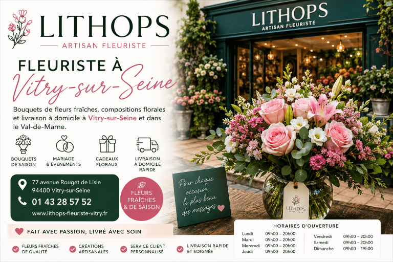 Bouquet de fleurs fraîches devant la boutique Lithops, artisan fleuriste à Vitry-sur-Seine proposant compositions florales et livraison de fleurs.