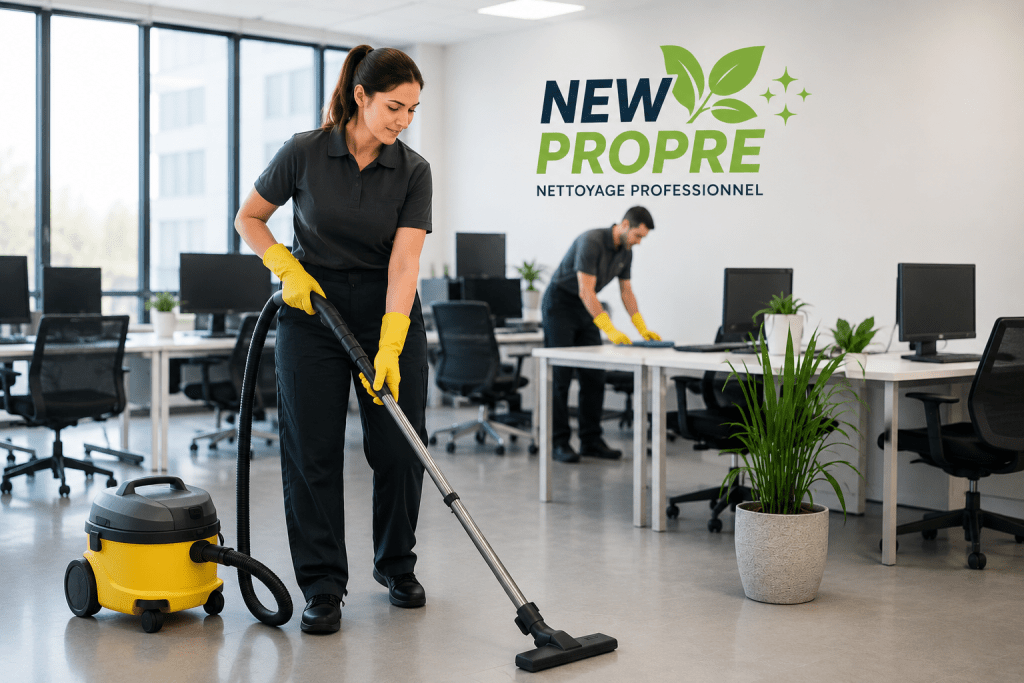Agent d’entretien New Propre réalisant le nettoyage de bureaux professionnels dans des locaux modernes à Vitry-sur-Seine