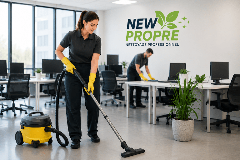 Agent d’entretien New Propre réalisant le nettoyage de bureaux professionnels dans des locaux modernes à Vitry-sur-Seine