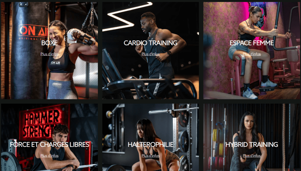 Activités sportives proposées chez ON AIR Fitness à Ivry-sur-Seine avec boxe, cardio training, musculation et espace femme