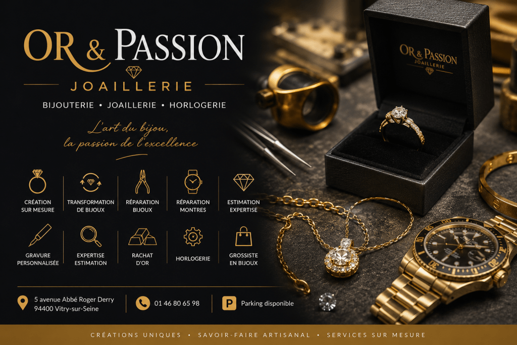 Illustration haut de gamme de bijoux, montres et créations joaillières pour Or et Passion Joaillerie à Vitry-sur-Seine