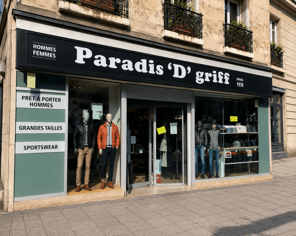 Vue en angle de la boutique Paradis D’ Griff à Ivry-sur-Seine avec vitrine de vêtements homme et femme