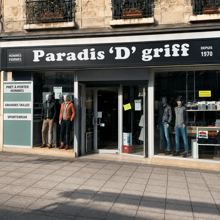Façade du magasin Paradis D’ Griff à Ivry-sur-Seine spécialisé dans les vêtements pour hommes et femmes, prêt-à-porter et sportswear