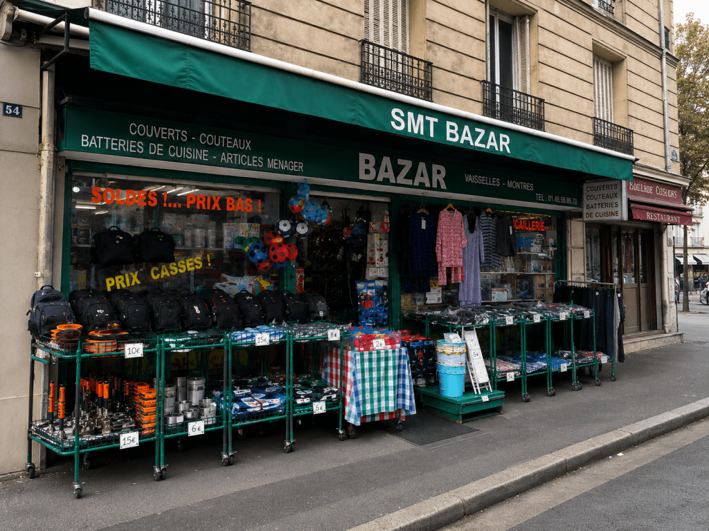 Façade de SMT Bazar à Ivry-sur-Seine avec articles de cuisine, vaisselle et accessoires ménagers