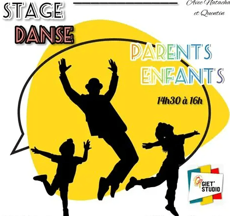 Affiche stage de danse parents enfants organisé par Giet’Studio à Ivry-sur-Seine avec atelier danse familiale de 14h30 à 16h.