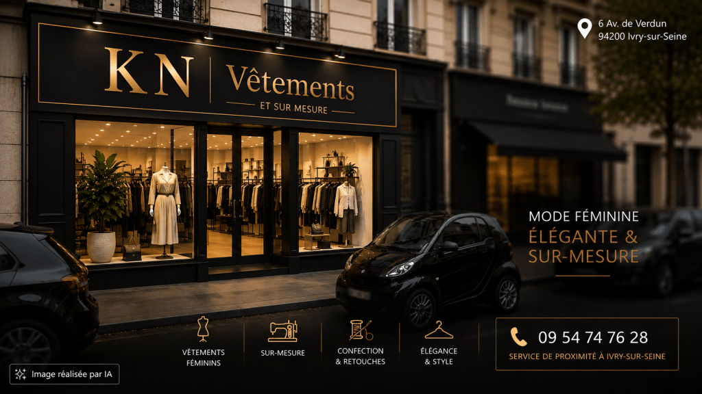 Illustration IA d’une boutique K.N Vêtements à Ivry-sur-Seine avec enseigne élégante noire et dorée spécialisée dans les vêtements féminins et le sur-mesure.