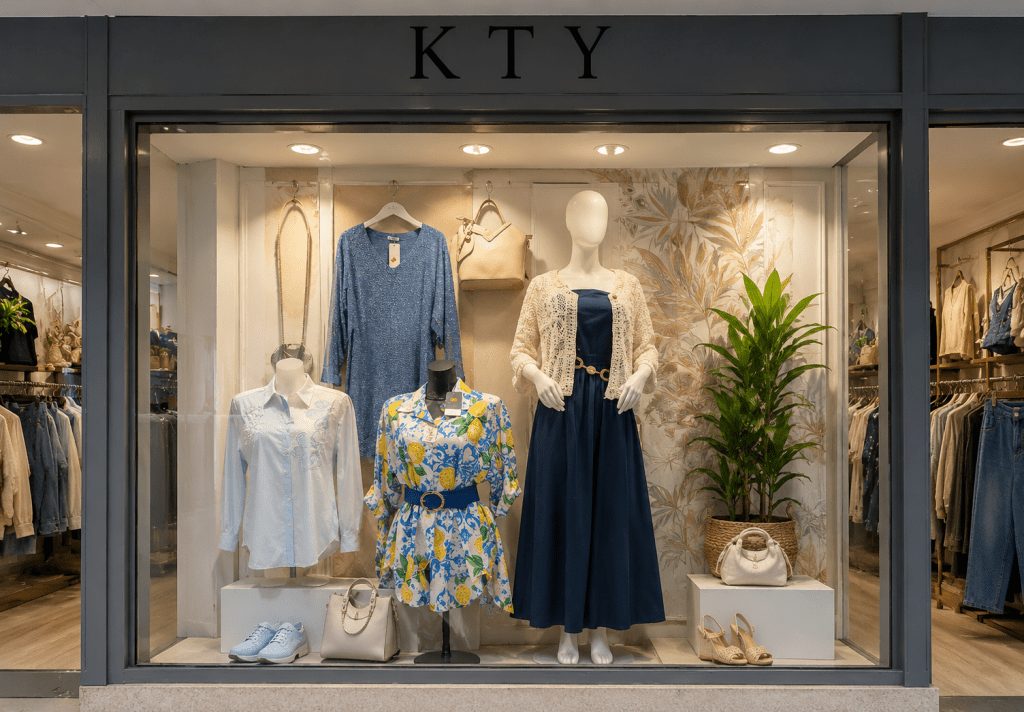 Vitrine de la boutique Kty à Ivry-sur-Seine avec robes élégantes, accessoires de mode et vêtements femme tendance