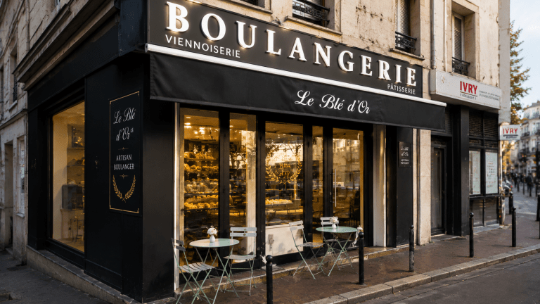 Vue en angle de la boulangerie Le Blé D'Or à Ivry-sur-Seine avec terrasse et vitrine éclairée