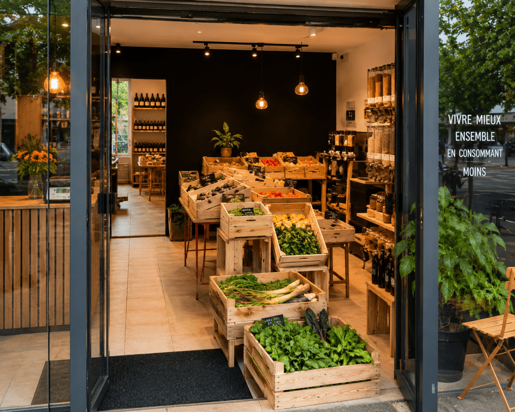 Vue intérieure de l’épicerie bio Les Mains Dans La Terre à Vitry-sur-Seine avec fruits, légumes, produits locaux et espace vrac écologique.