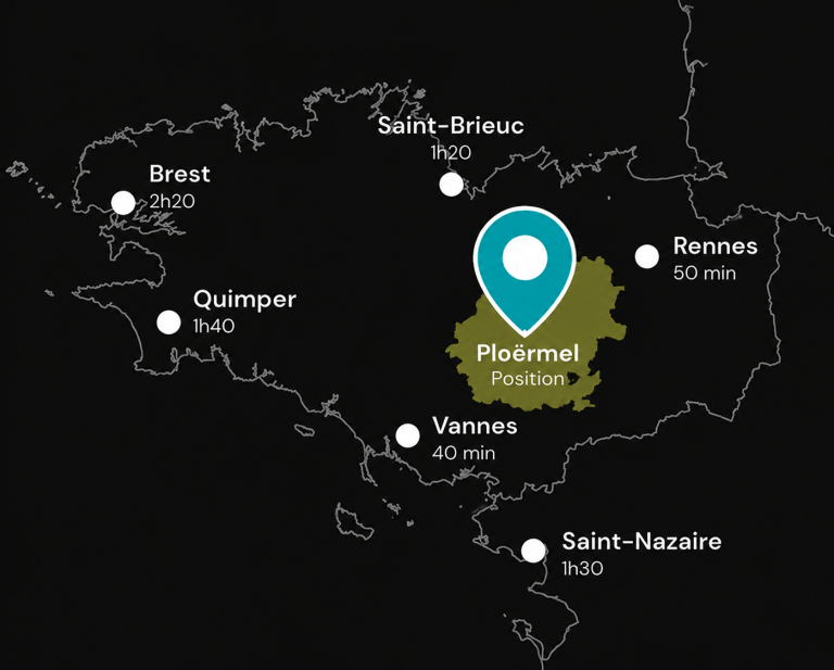 Carte de localisation de Ploërmel dans le Morbihan en Bretagne, indiquant sa position géographique et les temps d'accès vers Rennes, Vannes, Brest, Quimper, Saint-Brieuc et Saint-Nazaire.
