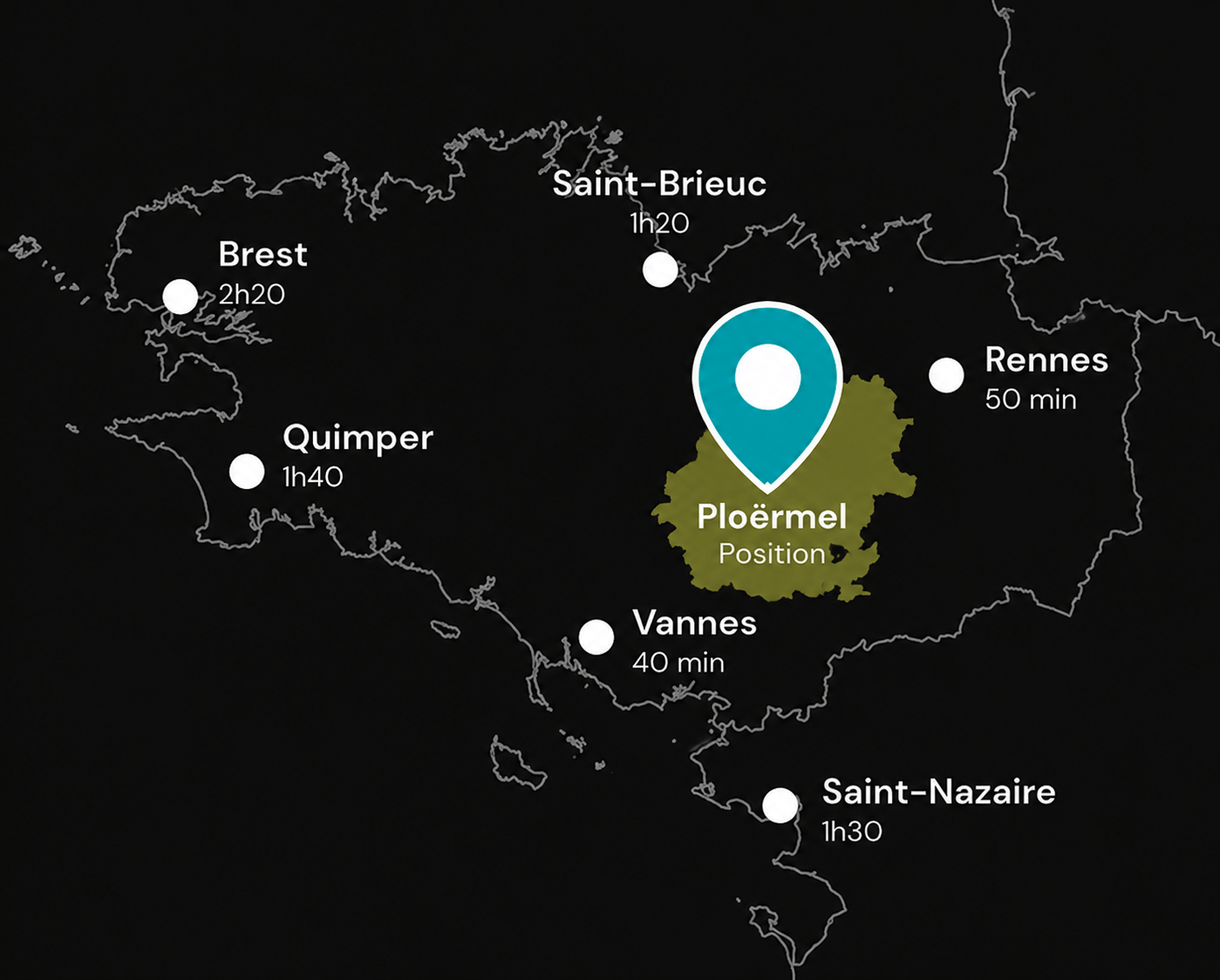 Carte de localisation de Ploërmel dans le Morbihan en Bretagne, indiquant sa position géographique et les temps d'accès vers Rennes, Vannes, Brest, Quimper, Saint-Brieuc et Saint-Nazaire.