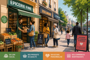 Illustration d'une rue commerçante animée avec épicerie, boulangerie et commerces de proximité où habitants et commerçants échangent dans une ambiance conviviale.