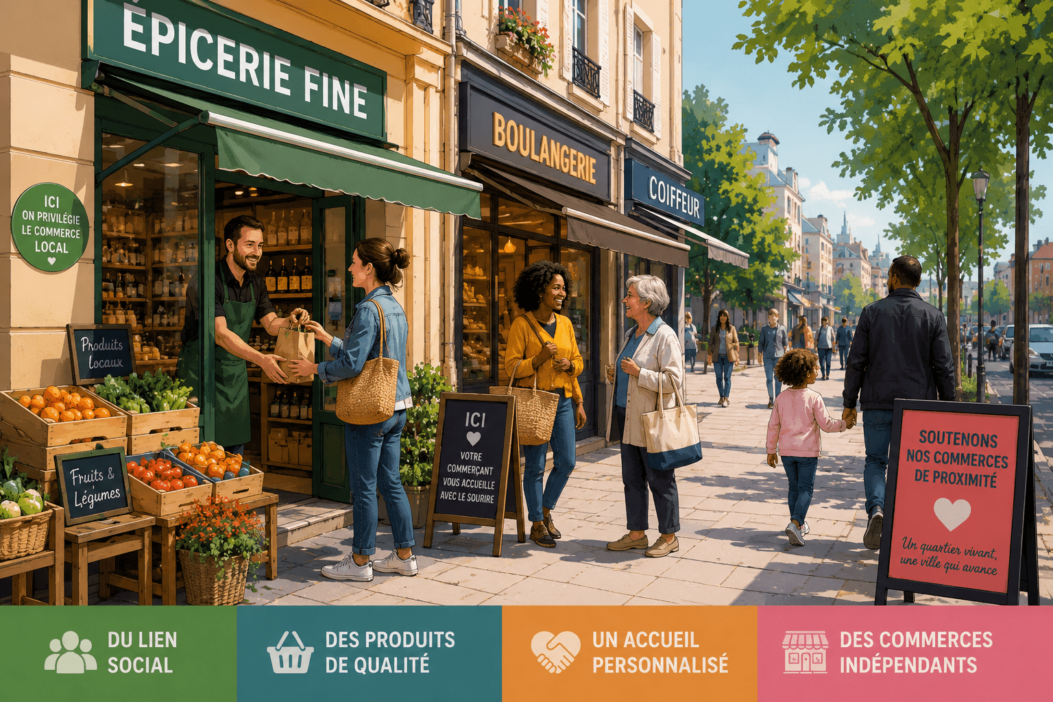 Illustration d'une rue commerçante animée avec épicerie, boulangerie et commerces de proximité où habitants et commerçants échangent dans une ambiance conviviale.