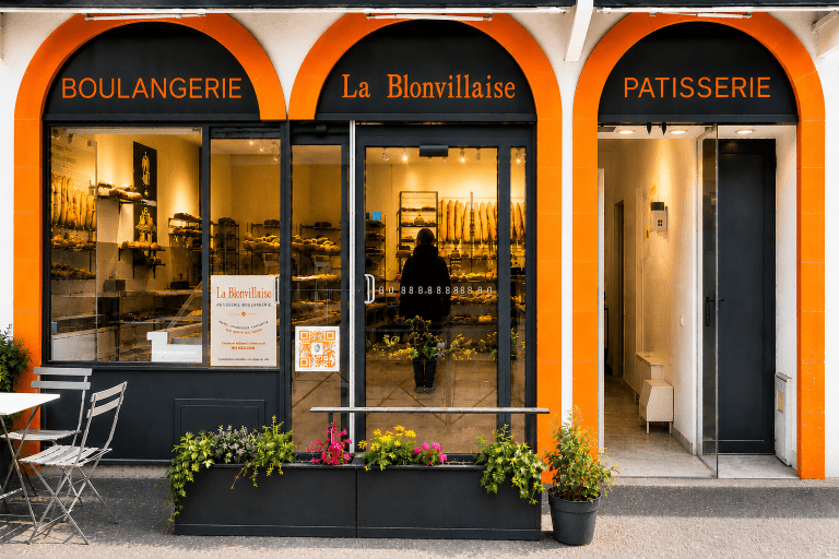 Vitrine de la boulangerie pâtisserie La Blonvillaise à Blonville-sur-Mer avec affiche MES MAGASINS et QR Code.