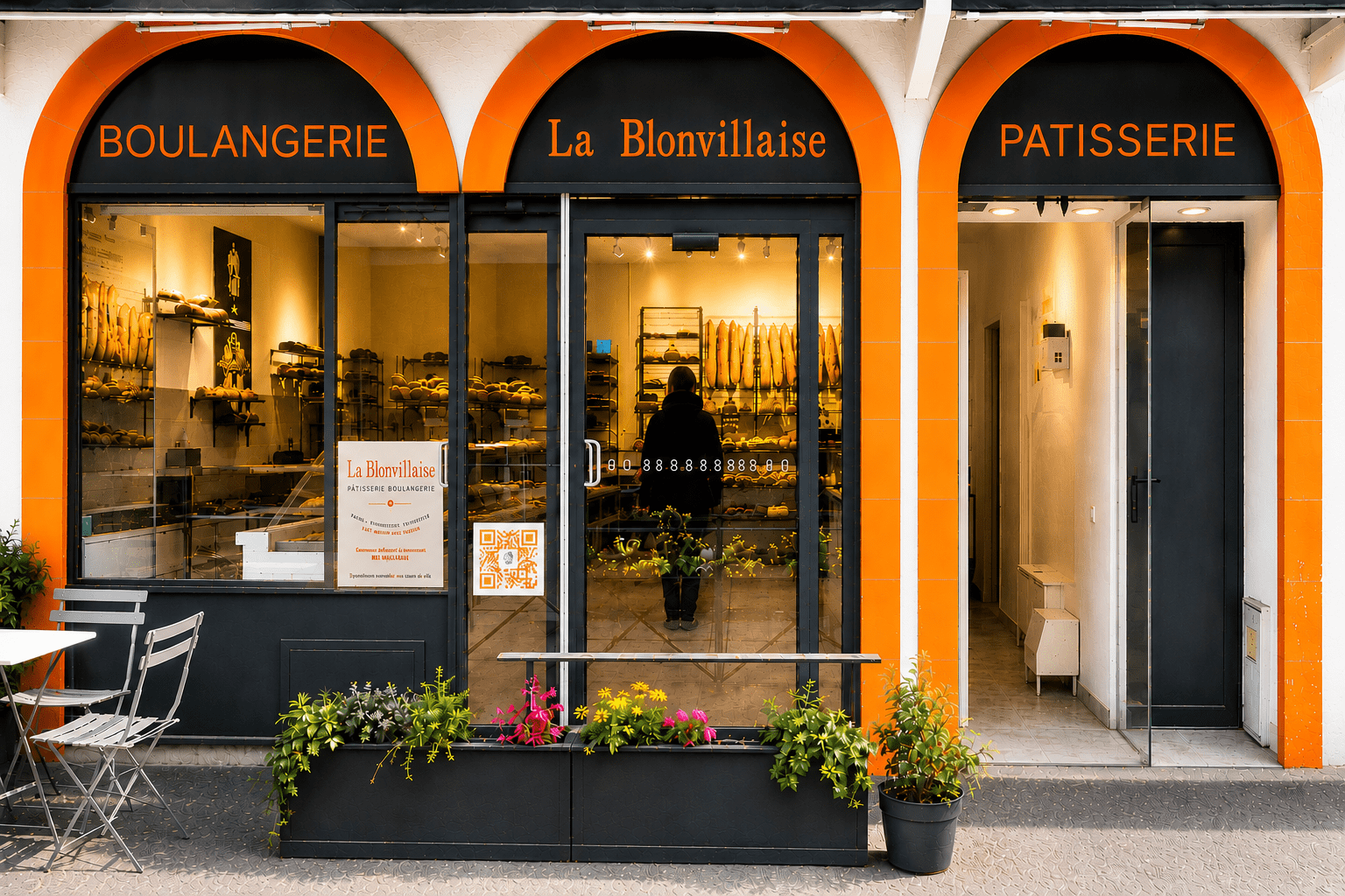 Vitrine de la boulangerie pâtisserie La Blonvillaise à Blonville-sur-Mer avec affiche MES MAGASINS et QR Code.