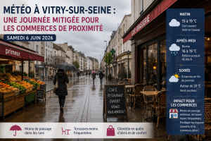 Rue commerçante de Vitry-sur-Seine sous un ciel couvert avec pluie légère et commerces de proximité impactés par la météo du samedi 6 juin 2026.