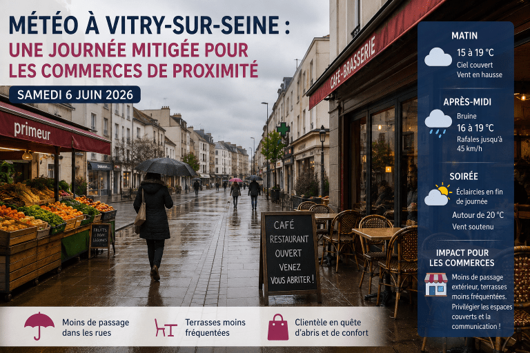 Rue commerçante de Vitry-sur-Seine sous un ciel couvert avec pluie légère et commerces de proximité impactés par la météo du samedi 6 juin 2026.