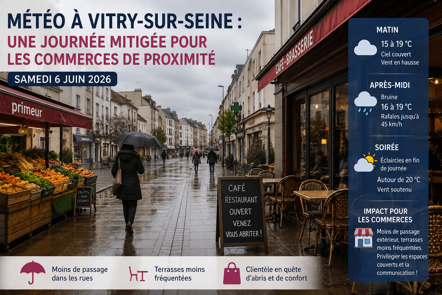 Rue commerçante de Vitry-sur-Seine sous un ciel couvert avec pluie légère et commerces de proximité impactés par la météo du samedi 6 juin 2026.