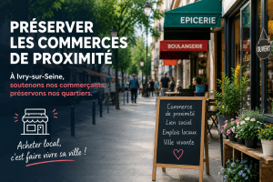 Rue commerçante animée avec boulangerie, épicerie et commerces de proximité illustrant l'importance du commerce local à Ivry-sur-Seine.