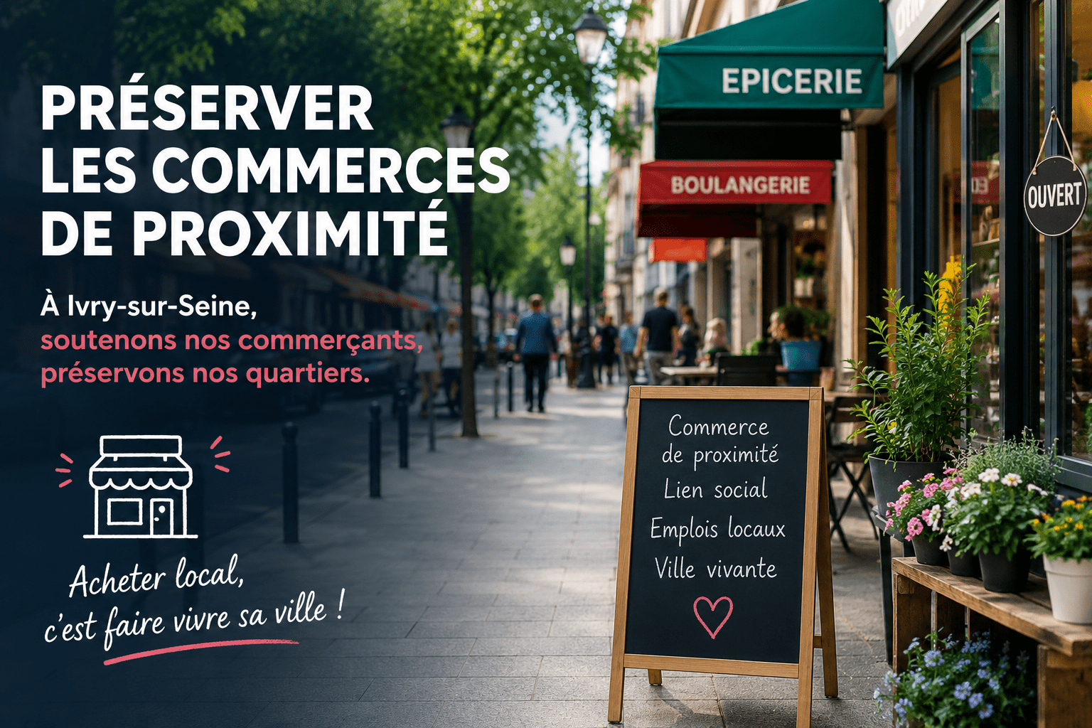 Rue commerçante animée avec boulangerie, épicerie et commerces de proximité illustrant l'importance du commerce local à Ivry-sur-Seine.